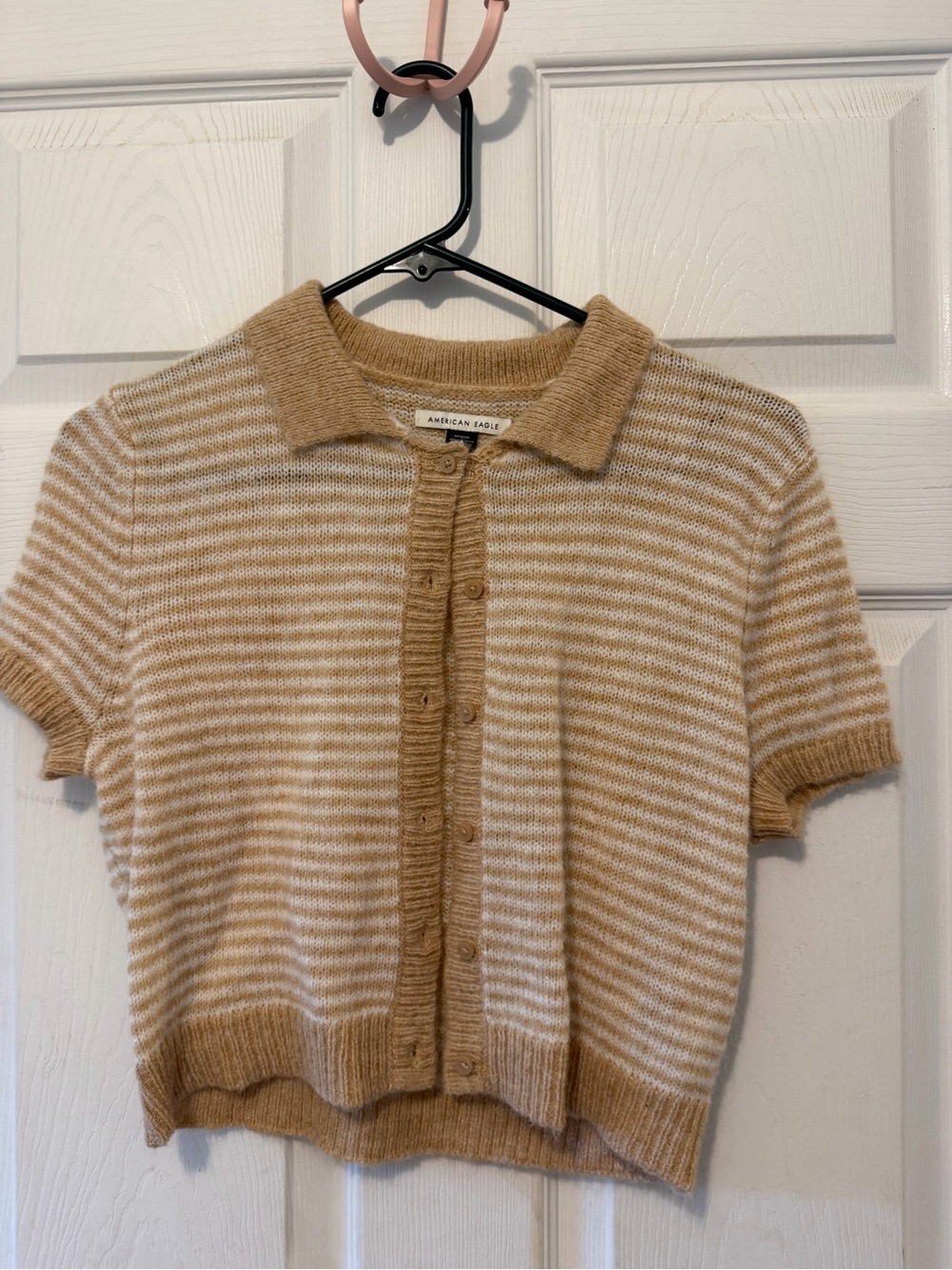 American Eagle Outfitters Tan and White Striped Short Sleeve Button-Up Cardigan